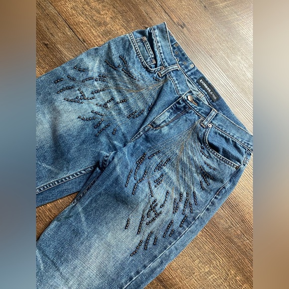 EXPRESS jeans embroidered studded denim 9/10 vintage Y2K flare EUC juniors - Picture 1 of 14